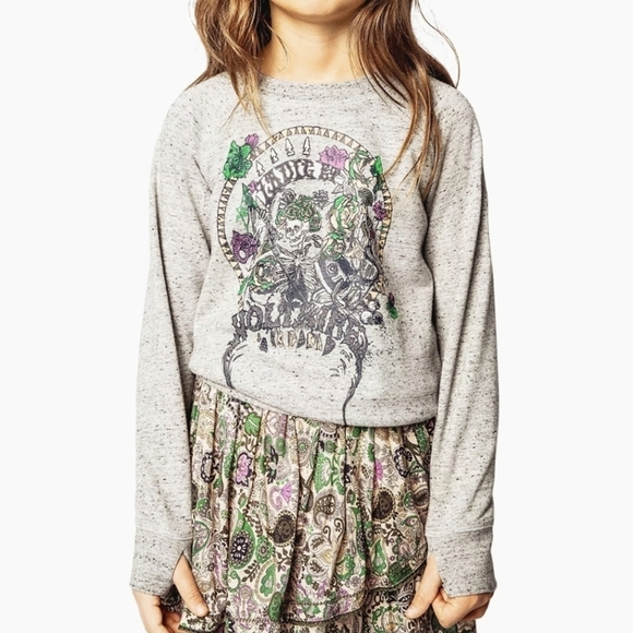 Zadig & Voltaire Girl's Fame Sweatshirt Gray Skeleton Roses Crewneck Casual 12 - Picture 1 of 9